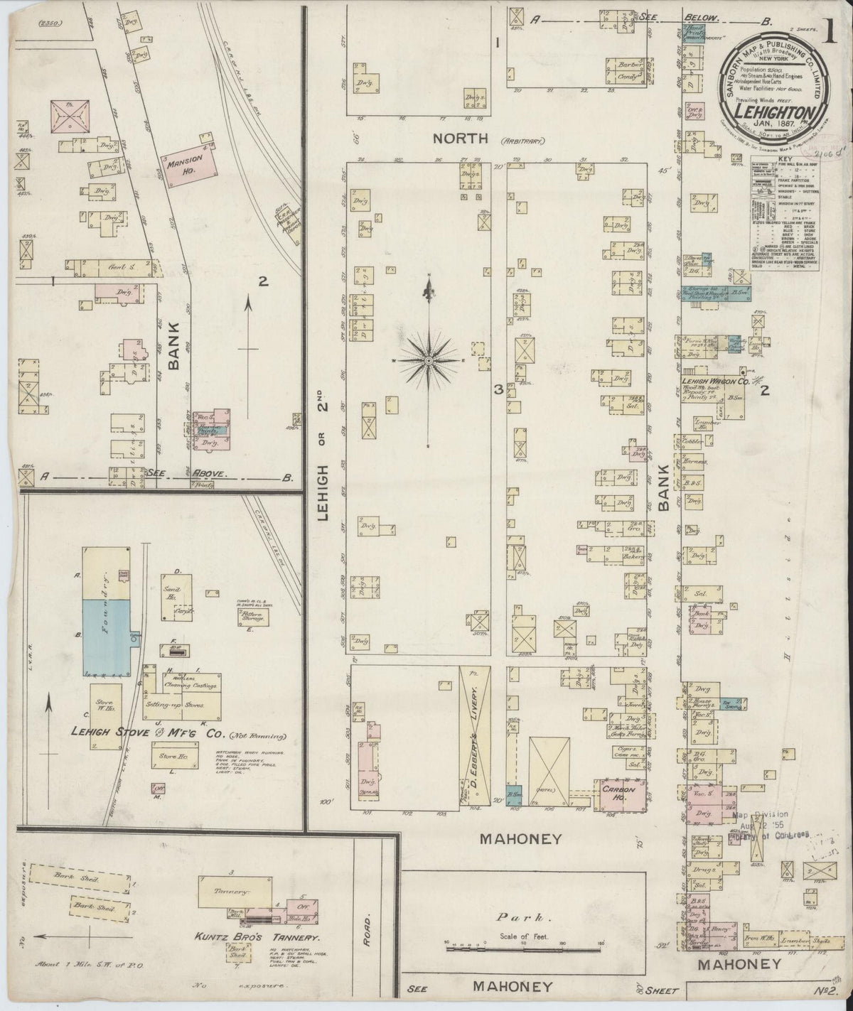 Sanborn Fire Insurance Map from Lehighton, Carbon County, Pennsylvania (1887), Sheet #0001 - Historic Sanborn Fire Insurance Map Print, vintage old map wall art, antique decor, genealogy gift, Pennsylvania Pennsylvania map