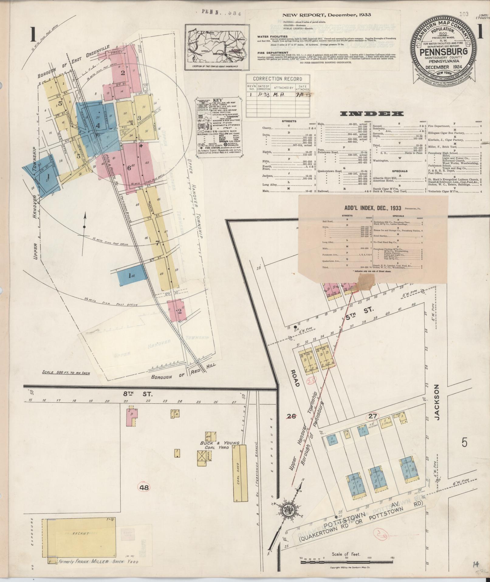 Sanborn Fire Insurance Map from Pennsburg, Montgomery County, Pennsylvania (1933), Sheet #0001 - Historic Sanborn Fire Insurance Map Print, vintage old map wall art, antique decor, genealogy gift, Pennsylvania Pennsylvania map