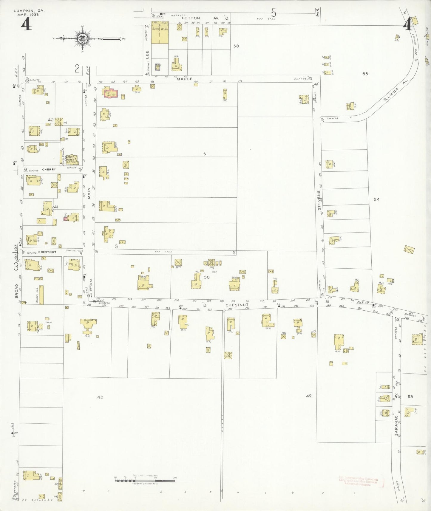 Sanborn Fire Insurance Map from Lumpkin, Stewart County, Georgia (1933), Sheet #0004 - Historic Sanborn Fire Insurance Map Print, vintage old map wall art, antique decor, genealogy gift, Georgia Georgia map