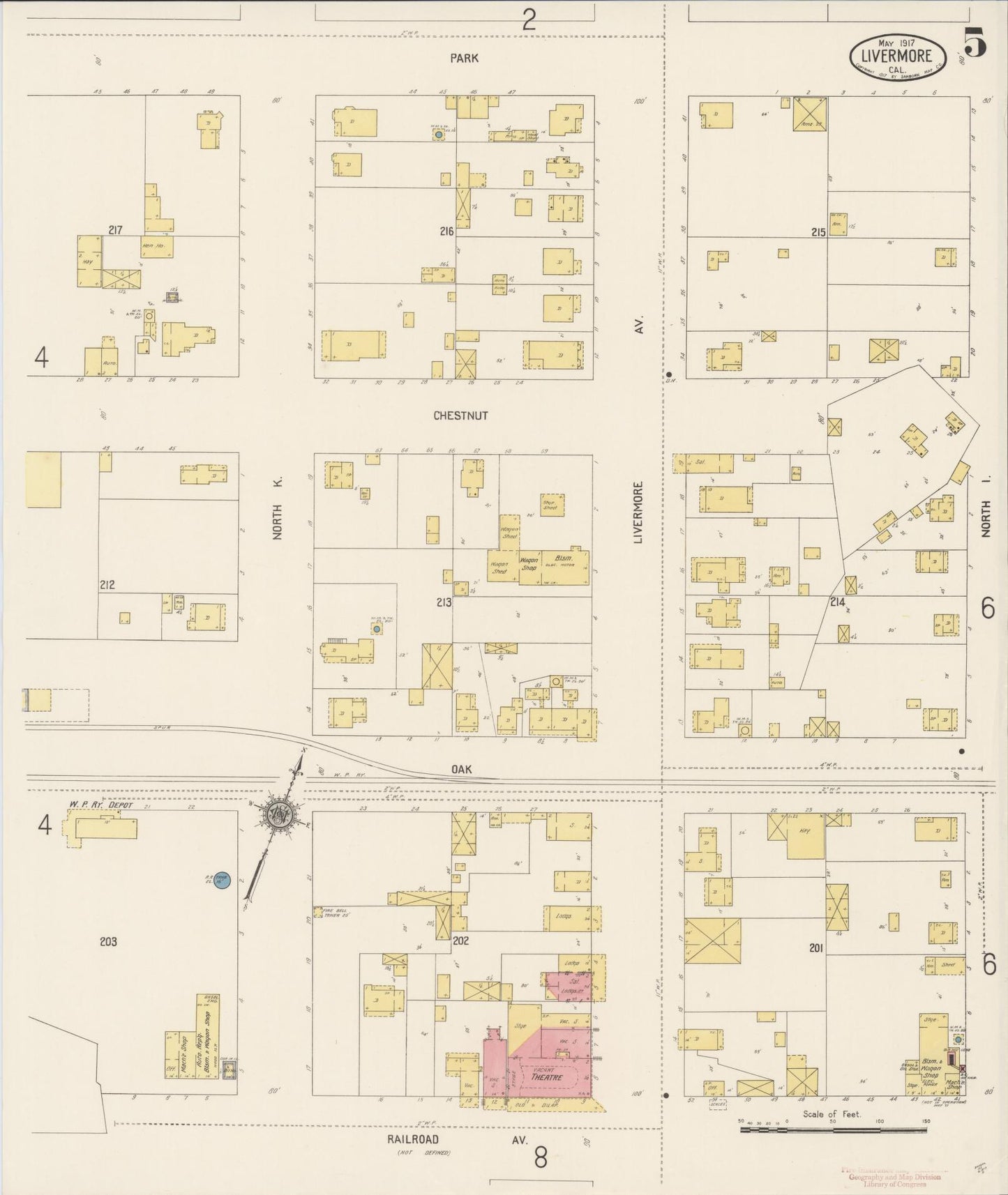 Sanborn Fire Insurance Map from Livermore, Alameda County, California (1917), Sheet #0005 - Complete Map Set gallery image, historic Sanborn map, vintage wall art, California California