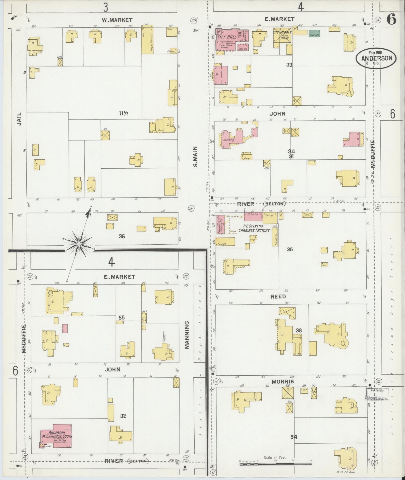 Sanborn Fire Insurance Map from Anderson, Anderson County, South Carolina (1901), Sheet #0006 - Complete Map Set gallery image, historic Sanborn map, vintage wall art, South Carolina South Carolina