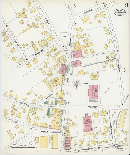 Sanborn Fire Insurance Map from Marlborough, Middlesex County, Massachusetts (1901), Sheet #0009 - Historic Sanborn Fire Insurance Map Print, vintage old map wall art, antique decor, genealogy gift, Massachusetts Massachusetts map