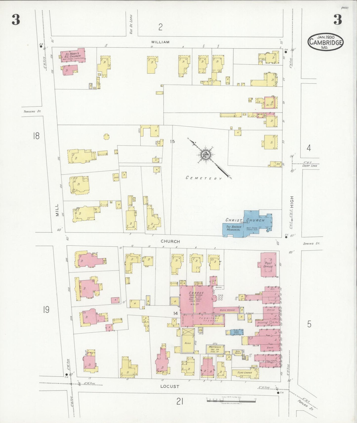 Sanborn Fire Insurance Map from Cambridge, Dorchester County, Maryland (1930), Sheet #0003 - Complete Map Set gallery image, historic Sanborn map, vintage wall art, Maryland Maryland