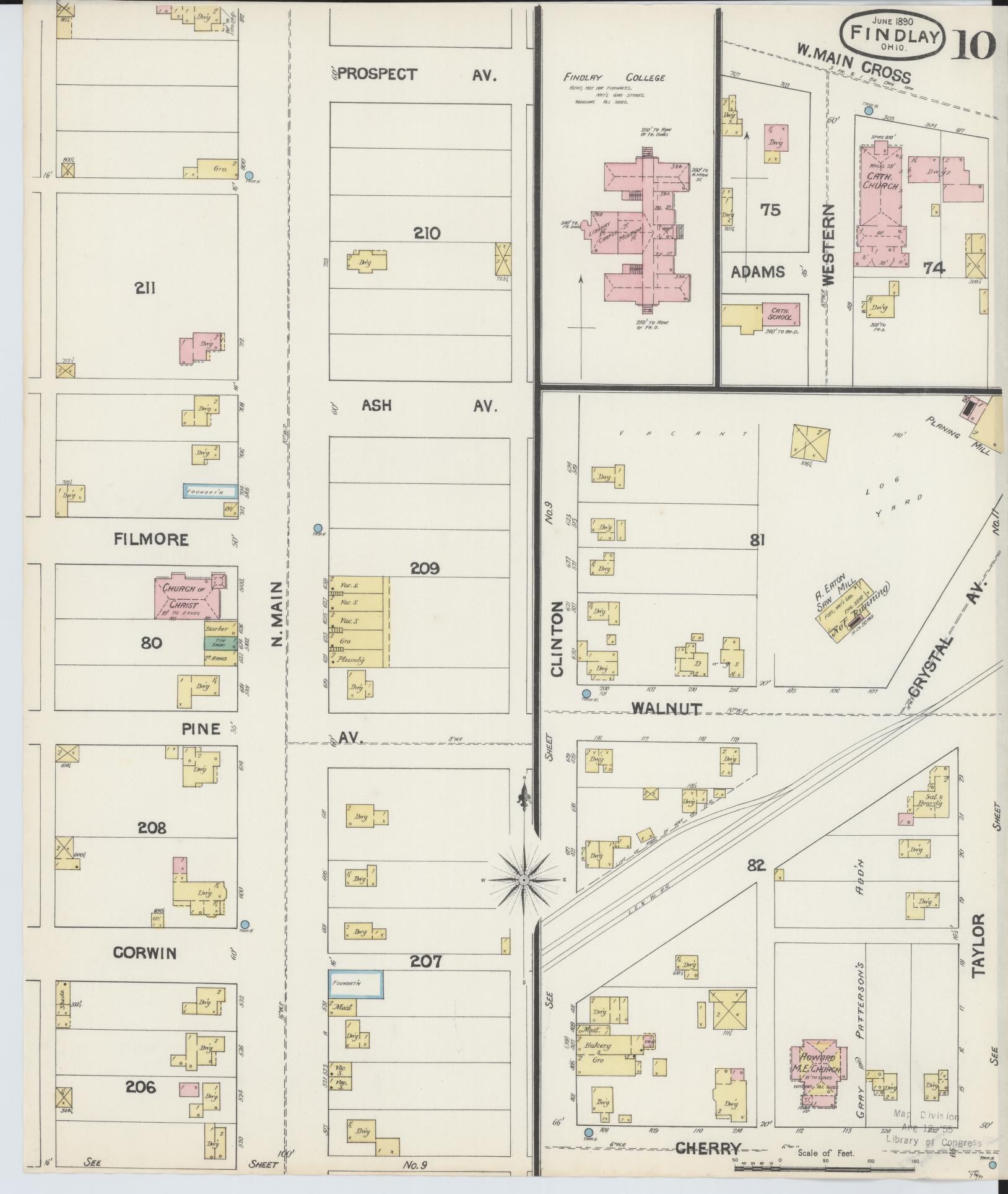 Sanborn Fire Insurance Map from Findlay, Hancock County, Ohio (1890), Sheet #0010 - Historic Sanborn Fire Insurance Map Print, vintage old map wall art, antique decor, genealogy gift, Ohio Ohio map