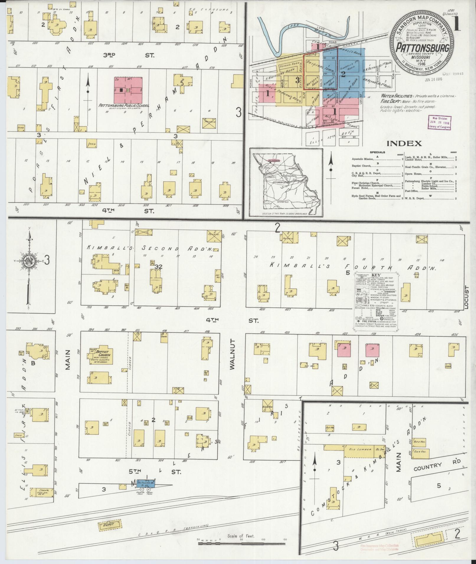 Sanborn Fire Insurance Map from Pattonsburg, Daviess County, Missouri. (1916) – Historic Sanborn Fire Insurance Map Print