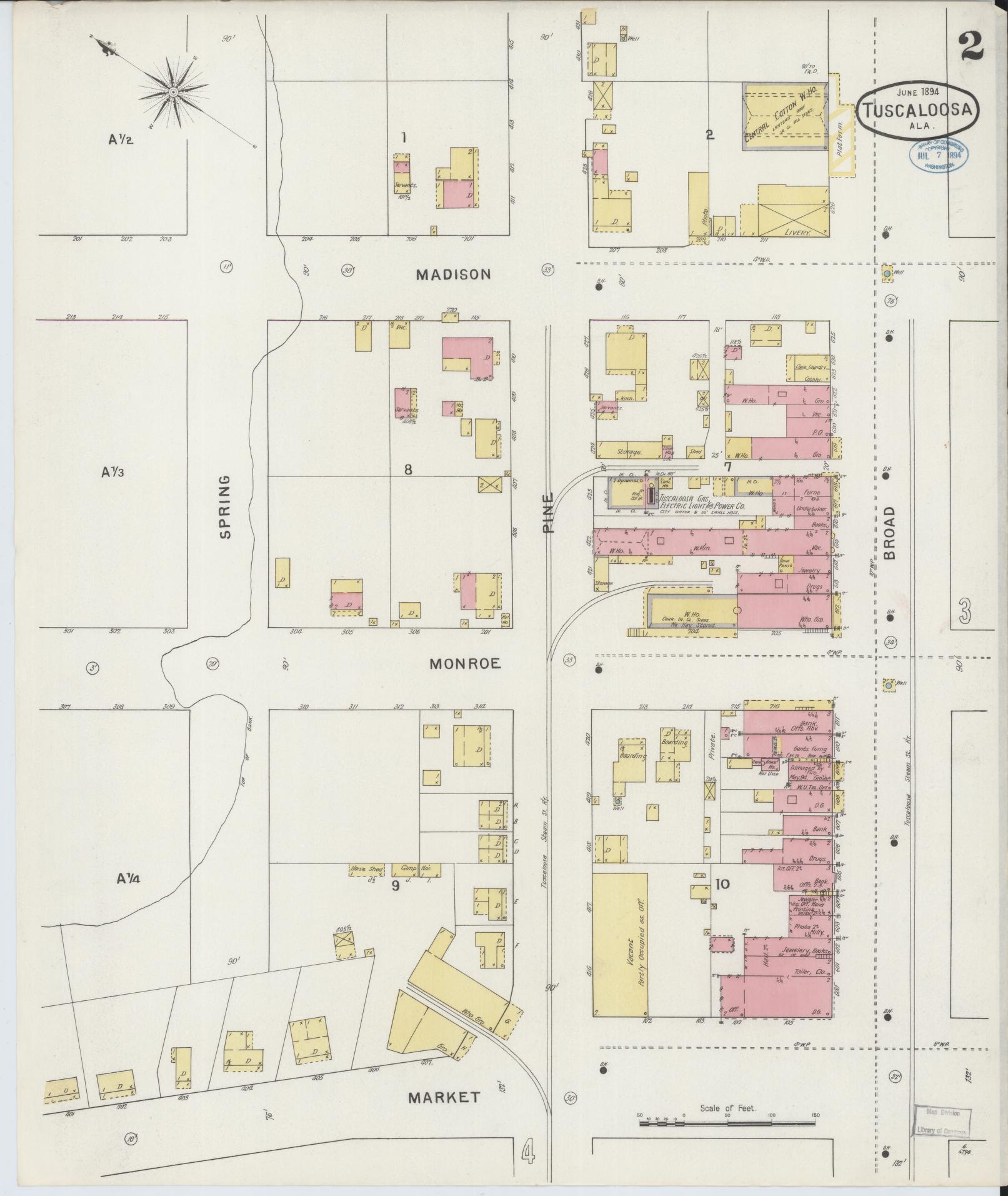 Sanborn Fire Insurance Map from Tuscaloosa, Tuscaloosa County, Alabama (1894), Sheet #0002 - Complete Map Set gallery image, historic Sanborn map, vintage wall art, Alabama Alabama