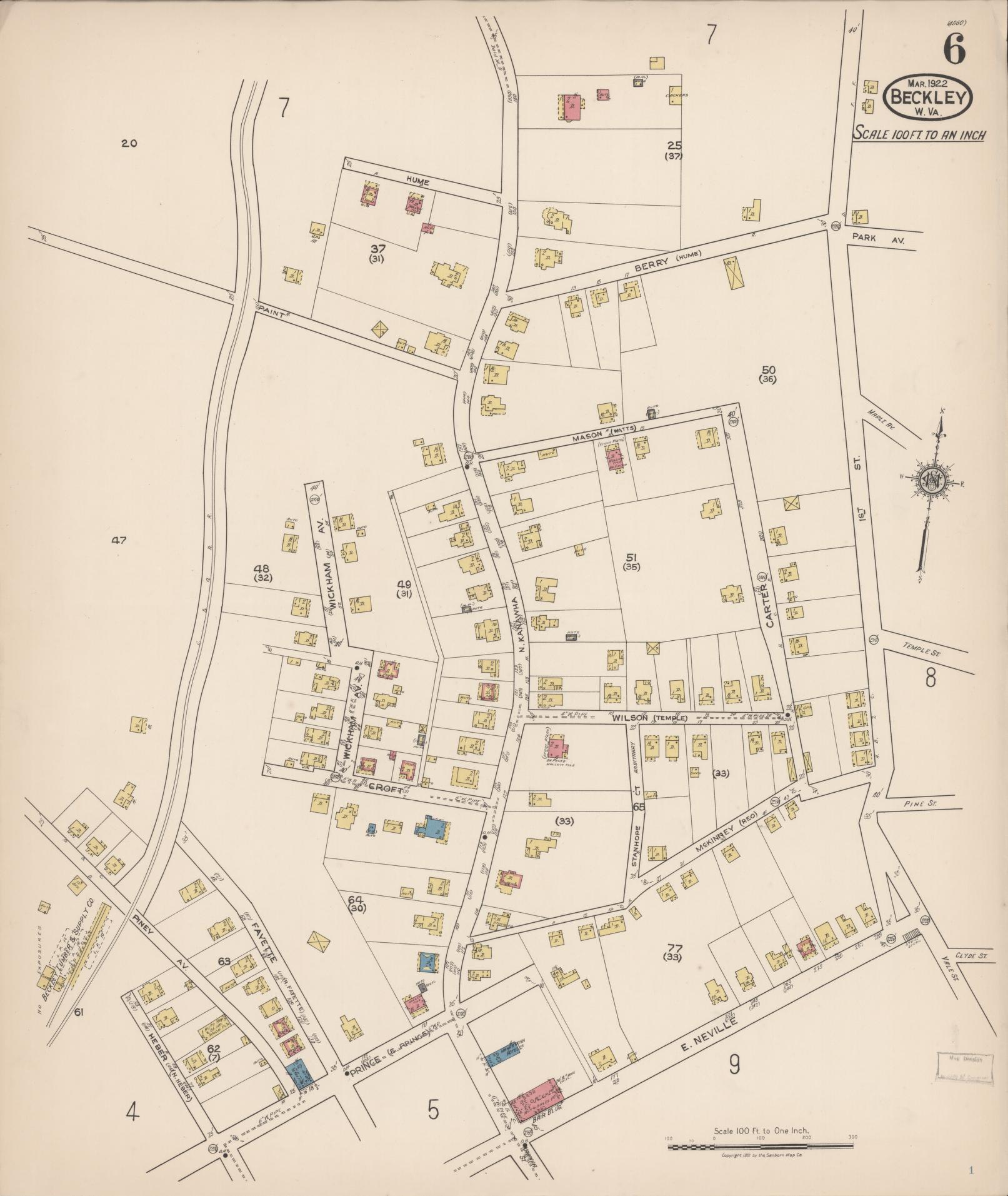Sanborn Fire Insurance Map from Beckley, Raleigh County, West Virginia (1922), Sheet #0006 - Complete Map Set gallery image, historic Sanborn map, vintage wall art, West Virginia West Virginia