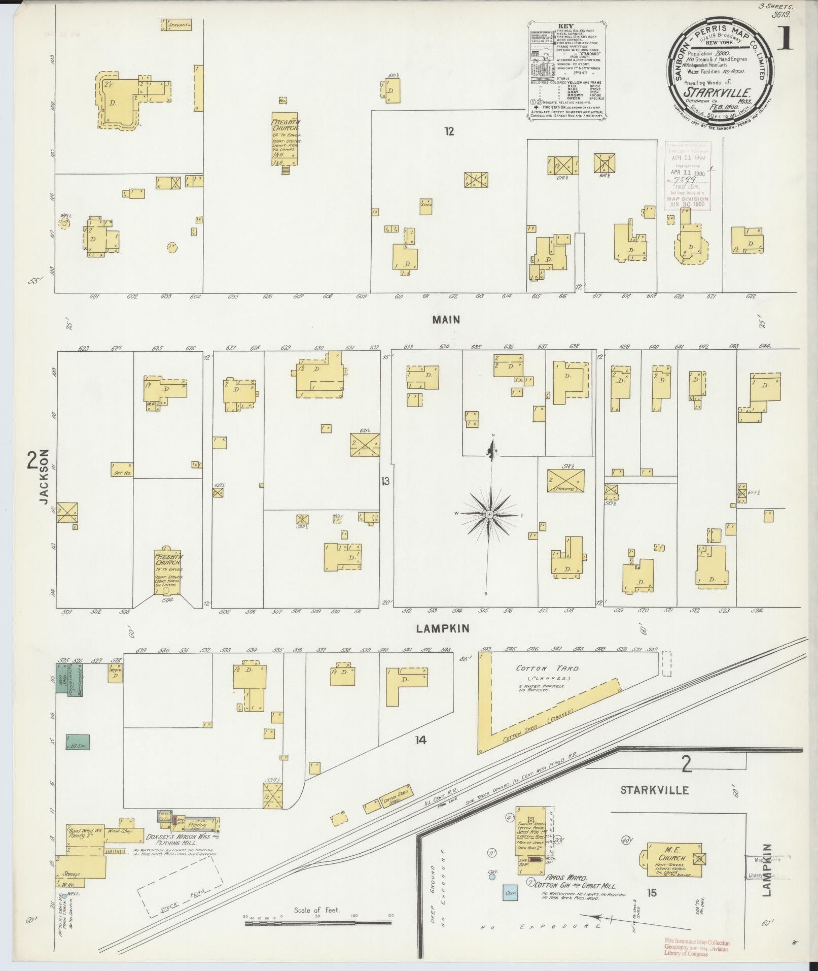 Sanborn Fire Insurance Map from Starkville, Oktibbeha County, Mississippi (1900), Sheet #0001 - Historic Sanborn Fire Insurance Map Print, vintage old map wall art, antique decor, genealogy gift, Mississippi Mississippi map