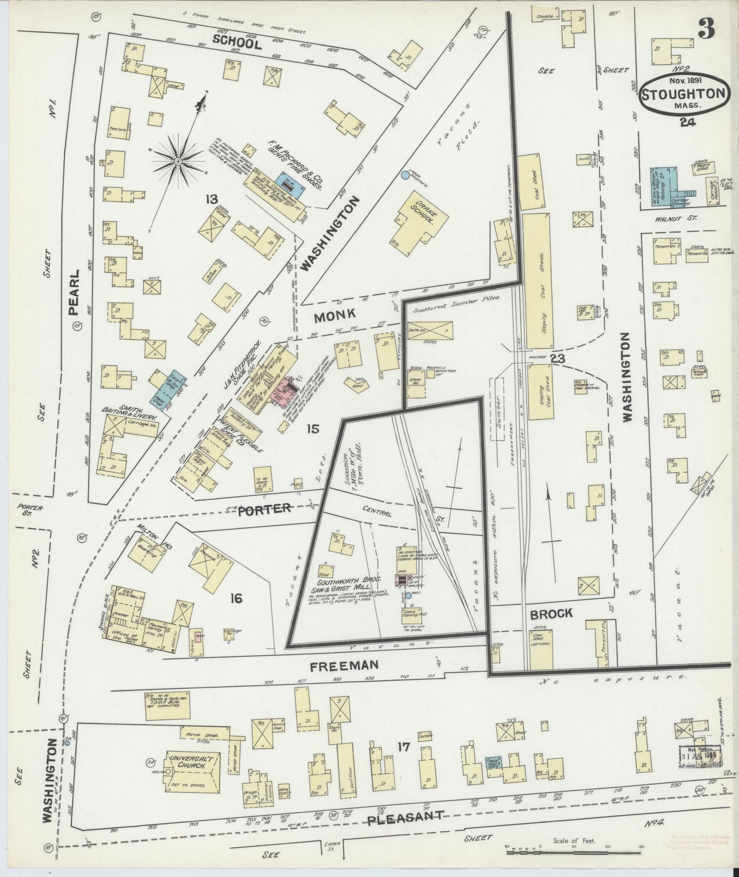 Sanborn Fire Insurance Map from Stoughton, Norfolk County, Massachusetts (1891), Sheet #0003 - Historic Sanborn Fire Insurance Map Print, vintage old map wall art, antique decor, genealogy gift, Massachusetts Massachusetts map