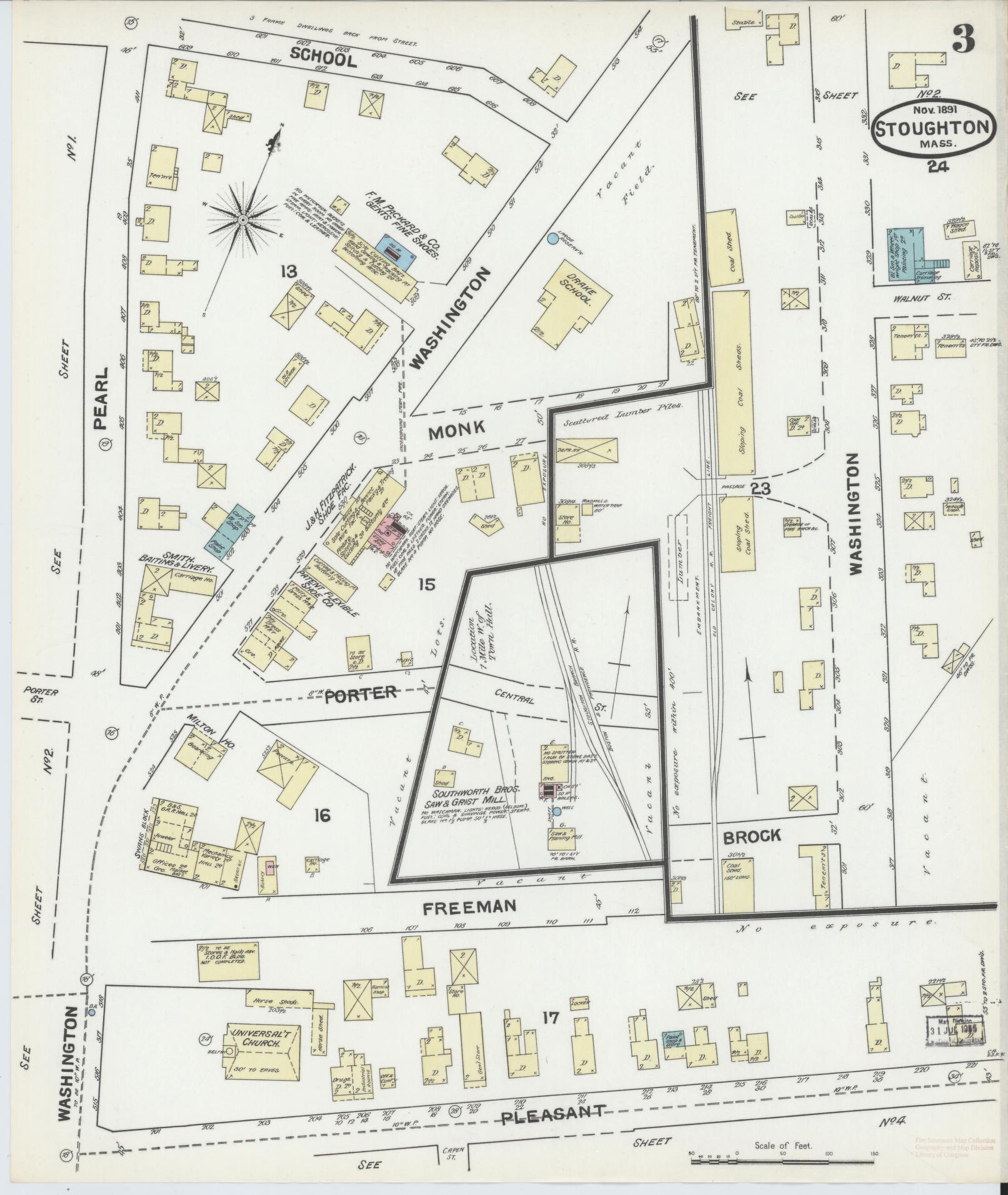 Sanborn Fire Insurance Map from Stoughton, Norfolk County, Massachusetts (1891), Sheet #0003 - Historic Sanborn Fire Insurance Map Print, vintage old map wall art, antique decor, genealogy gift, Massachusetts Massachusetts map