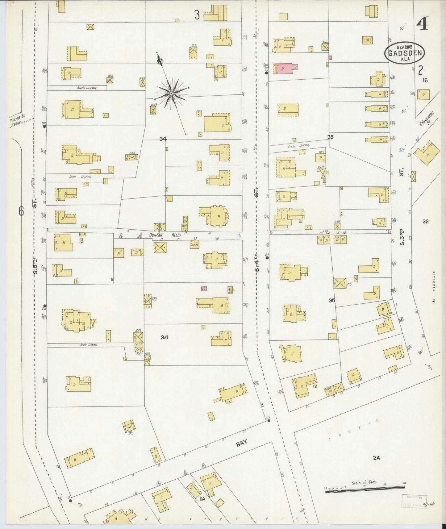 Sanborn Fire Insurance Map from Gadsden, Etowah County, Alabama (1905), Sheet #0004 - Complete Map Set gallery image, historic Sanborn map, vintage wall art, Alabama Alabama