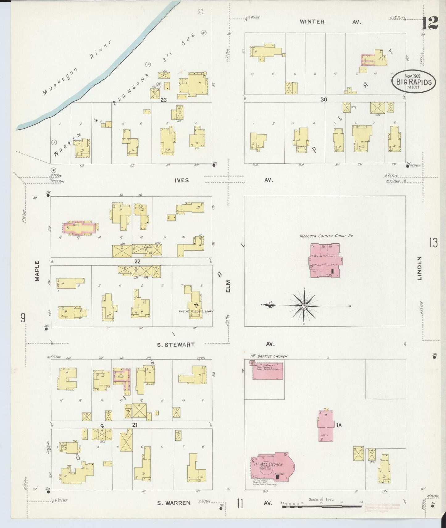Sanborn Fire Insurance Map from Big Rapids, Mecosta County, Michigan (1908), Sheet #0012 - Complete Map Set gallery image, historic Sanborn map, vintage wall art, Michigan Michigan