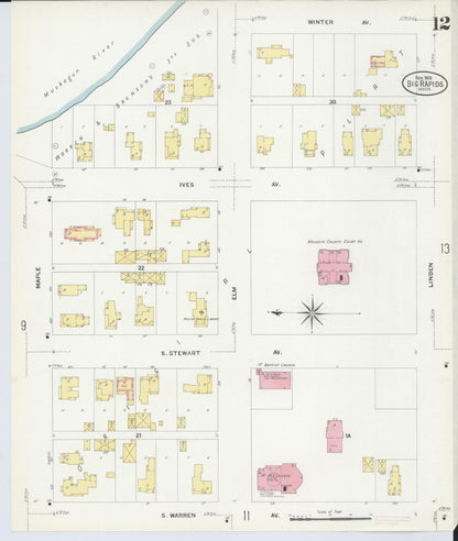 Sanborn Fire Insurance Map from Big Rapids, Mecosta County, Michigan (1908), Sheet #0012 - Complete Map Set gallery image, historic Sanborn map, vintage wall art, Michigan Michigan