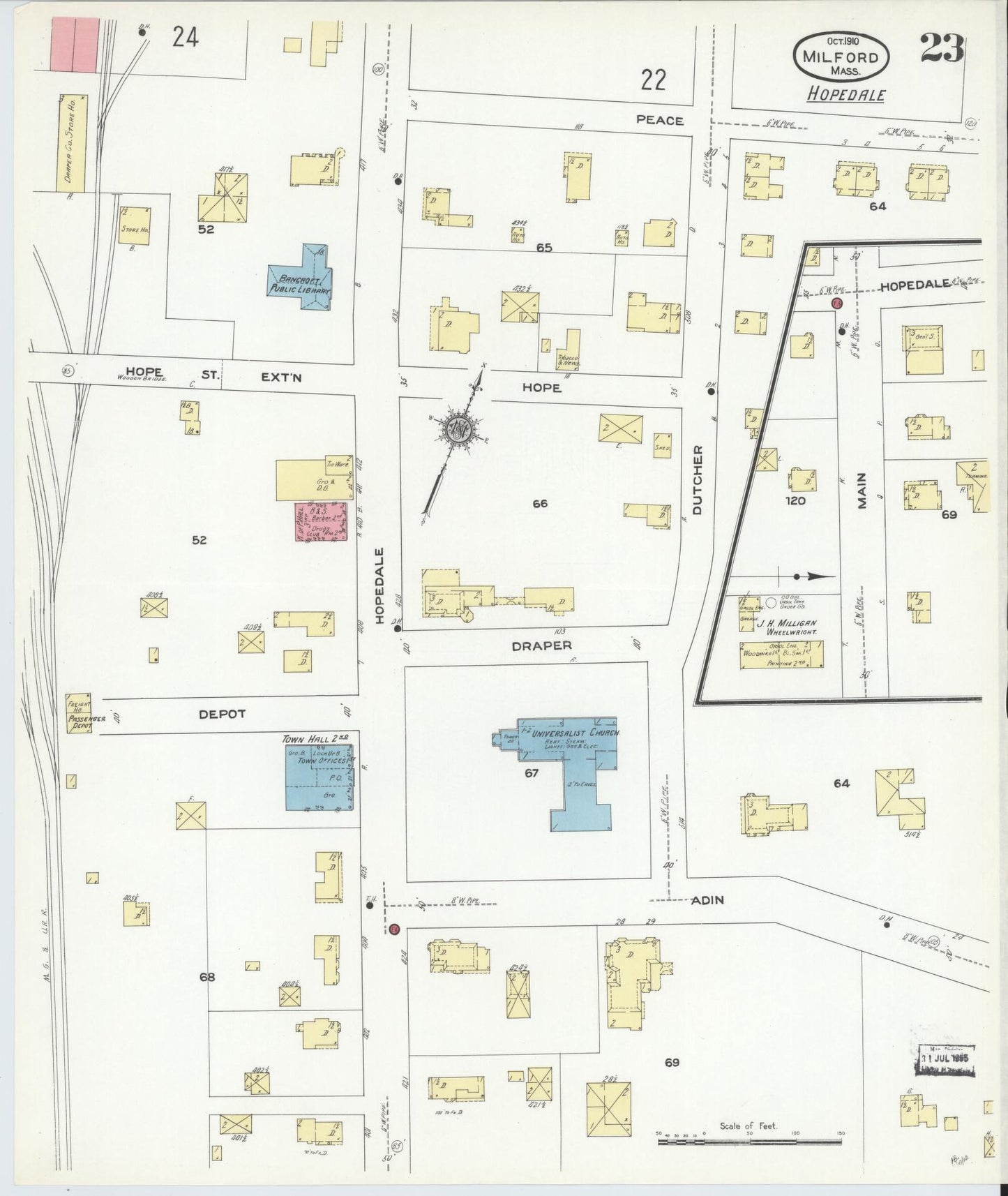 Sanborn Fire Insurance Map from Milford, Worcester County, Massachusetts (1910), Sheet #0023 - Historic Sanborn Fire Insurance Map Print, vintage old map wall art, antique decor, genealogy gift, Massachusetts Massachusetts map