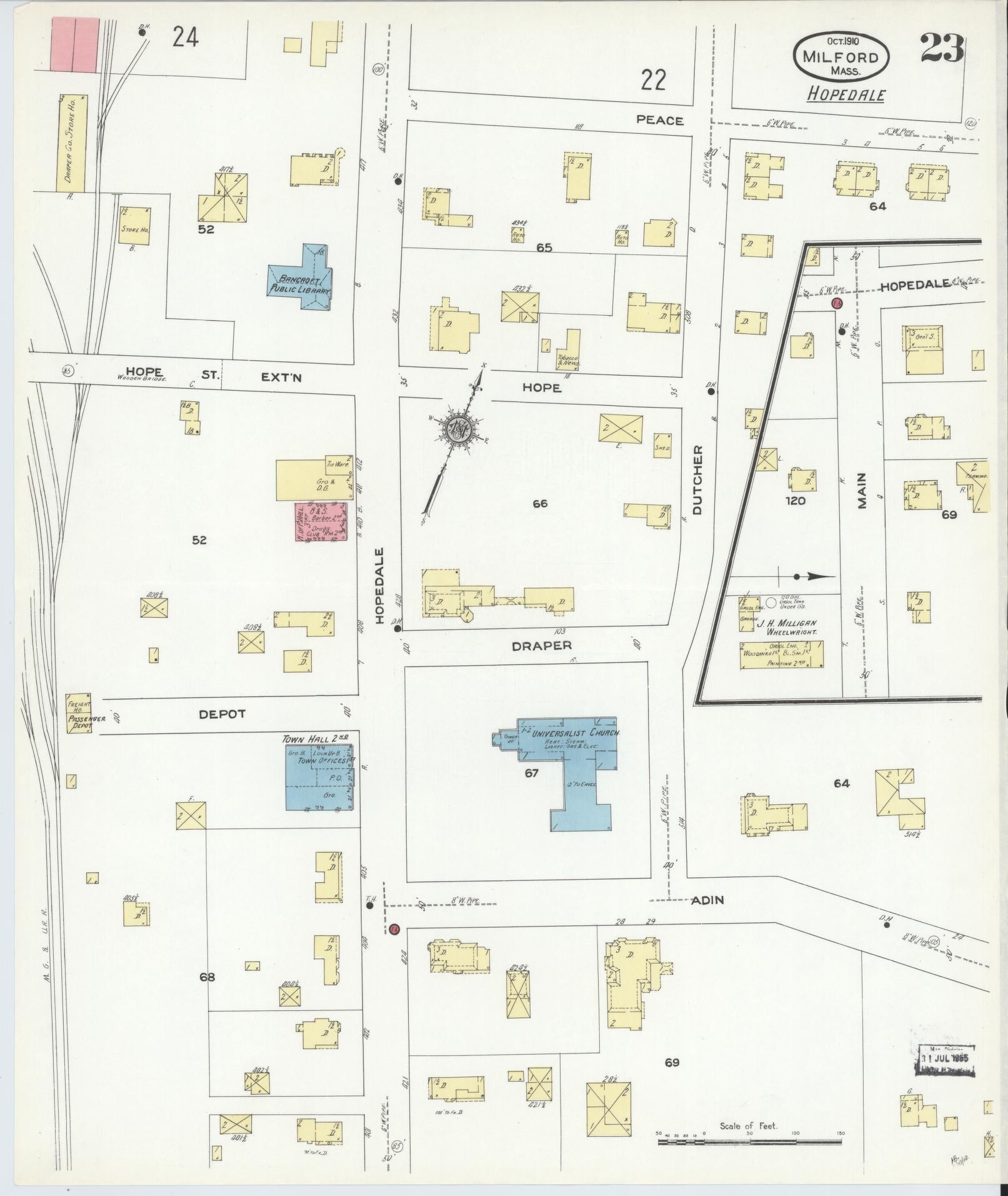 Sanborn Fire Insurance Map from Milford, Worcester County, Massachusetts (1910), Sheet #0023 - Historic Sanborn Fire Insurance Map Print, vintage old map wall art, antique decor, genealogy gift, Massachusetts Massachusetts map