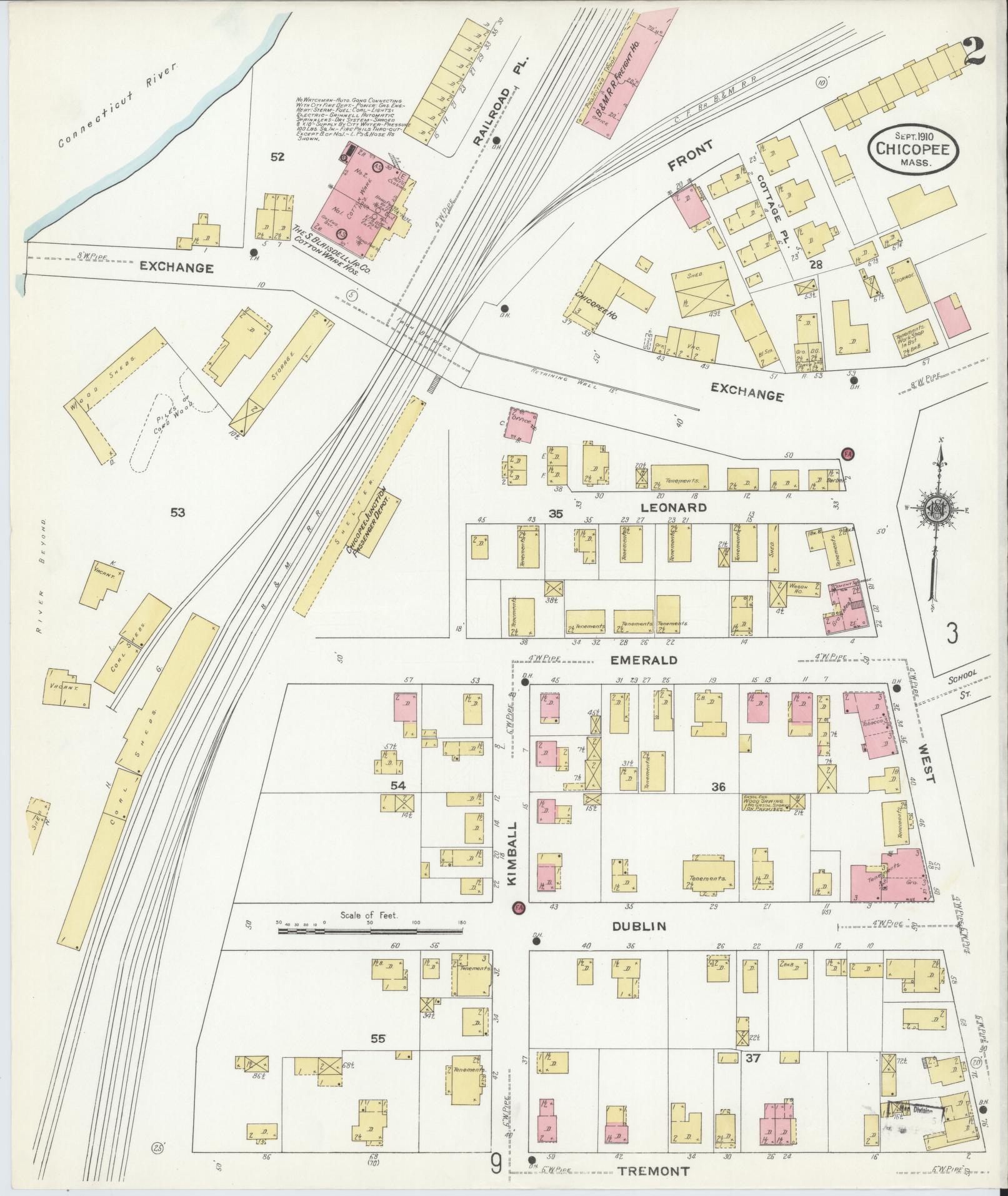 Sanborn Fire Insurance Map from Chicopee, Hampden County, Massachusetts (1910), Sheet #0002 - Historic Sanborn Fire Insurance Map Print, vintage old map wall art, antique decor, genealogy gift, Massachusetts Massachusetts map