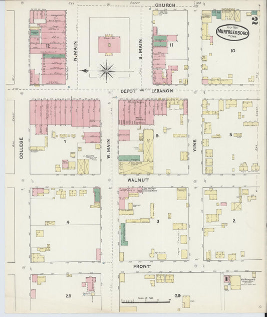 Sanborn Fire Insurance Map from Murfreesboro, Rutherford County, Tennessee (1891), Sheet #0002 - Historic Sanborn Fire Insurance Map Print, vintage old map wall art, antique decor, genealogy gift, Tennessee Tennessee map