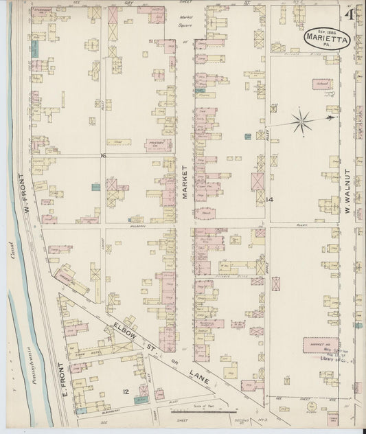 Sanborn Fire Insurance Map from Marietta, Lancaster County, Pennsylvania (1886), Sheet #0004 - Historic Sanborn Fire Insurance Map Print, vintage old map wall art, antique decor, genealogy gift, Pennsylvania Pennsylvania map