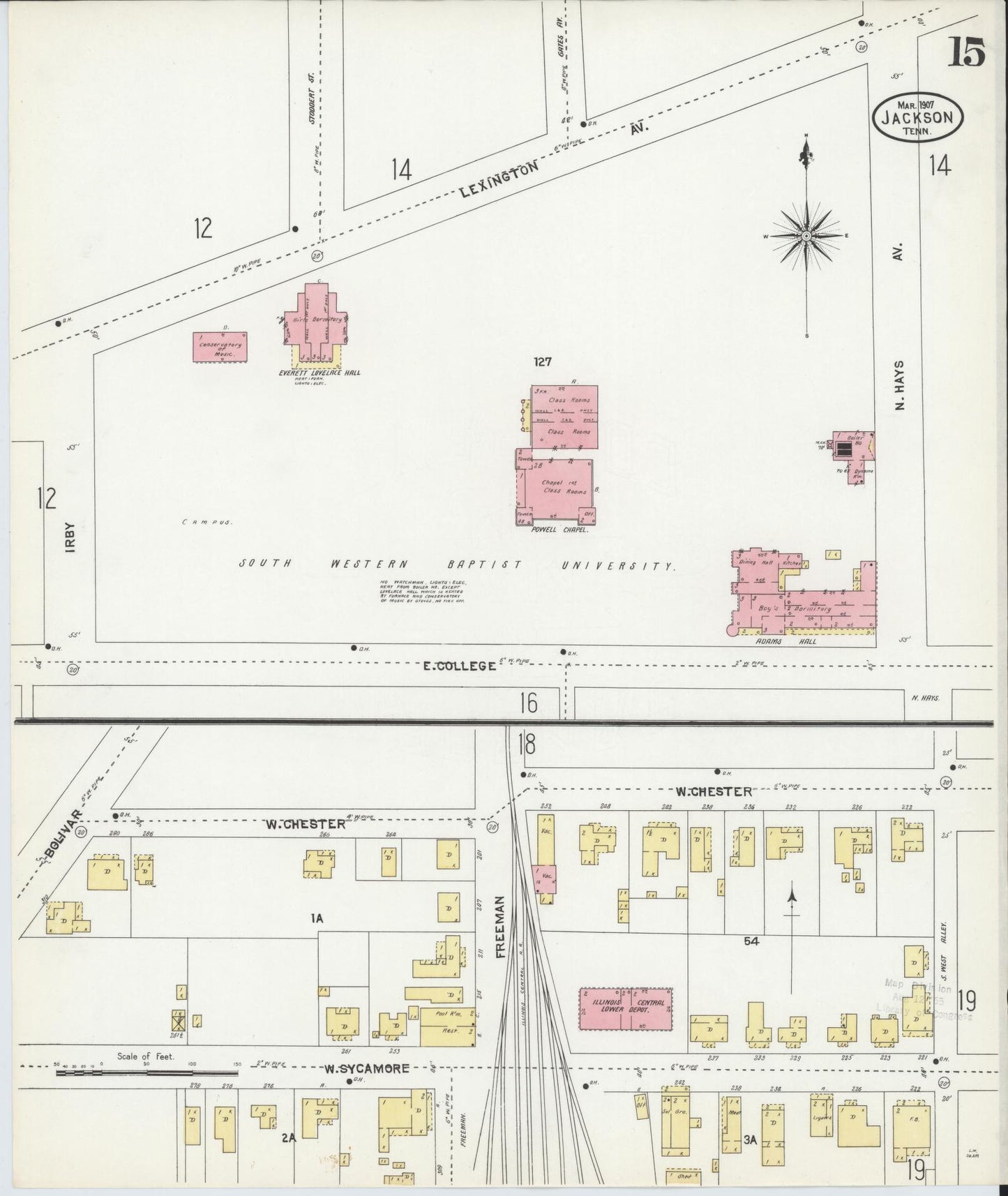 Sanborn Fire Insurance Map from Jackson, Madison County, Tennessee (1907), Sheet #0015 - Complete Map Set gallery image, historic Sanborn map, vintage wall art, Tennessee Tennessee