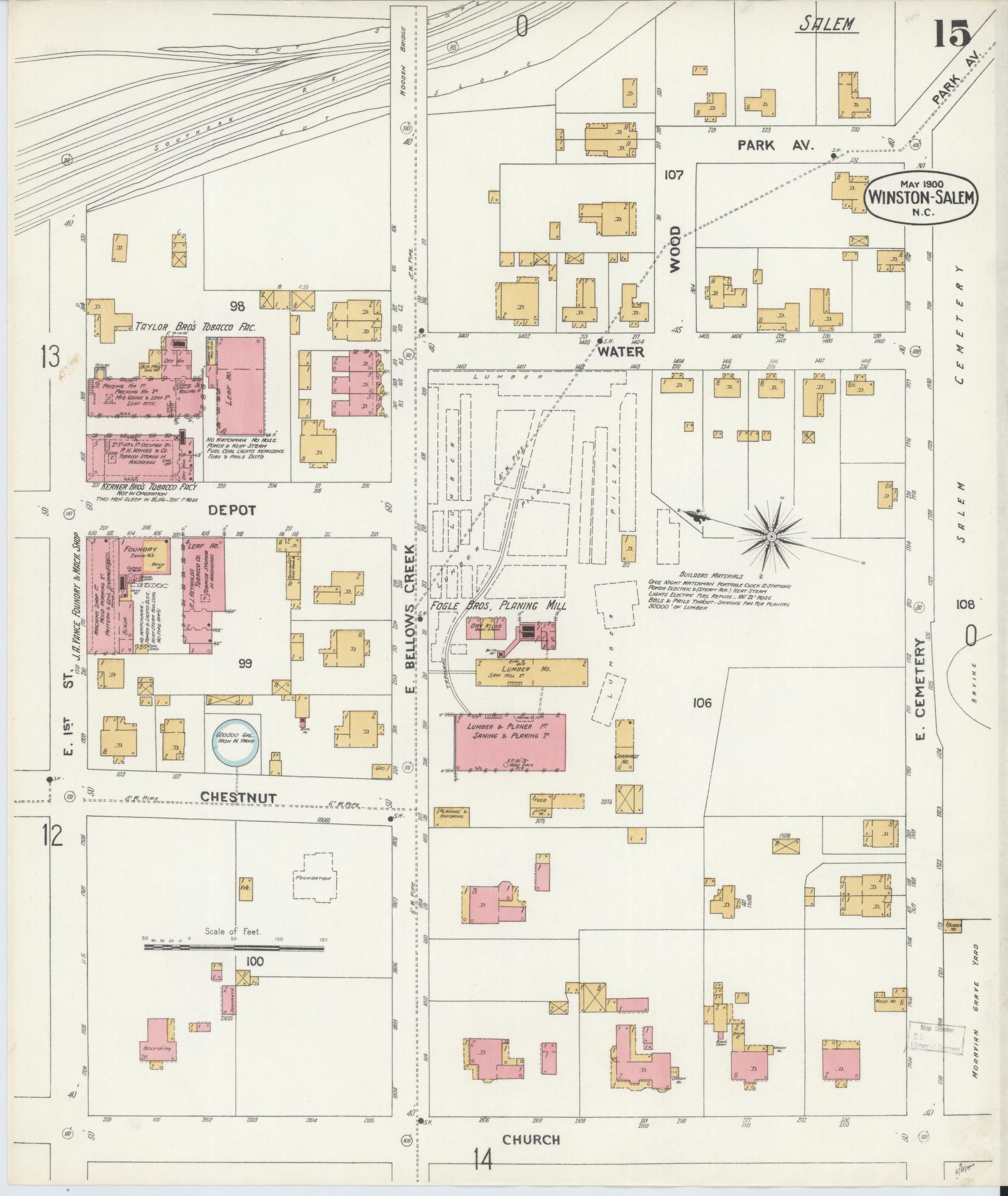 Sanborn Fire Insurance Map from Winston-Salem, Forsyth County, North Carolina (1900), Sheet #0015 - Complete Map Set gallery image, historic Sanborn map, vintage wall art, North Carolina North Carolina