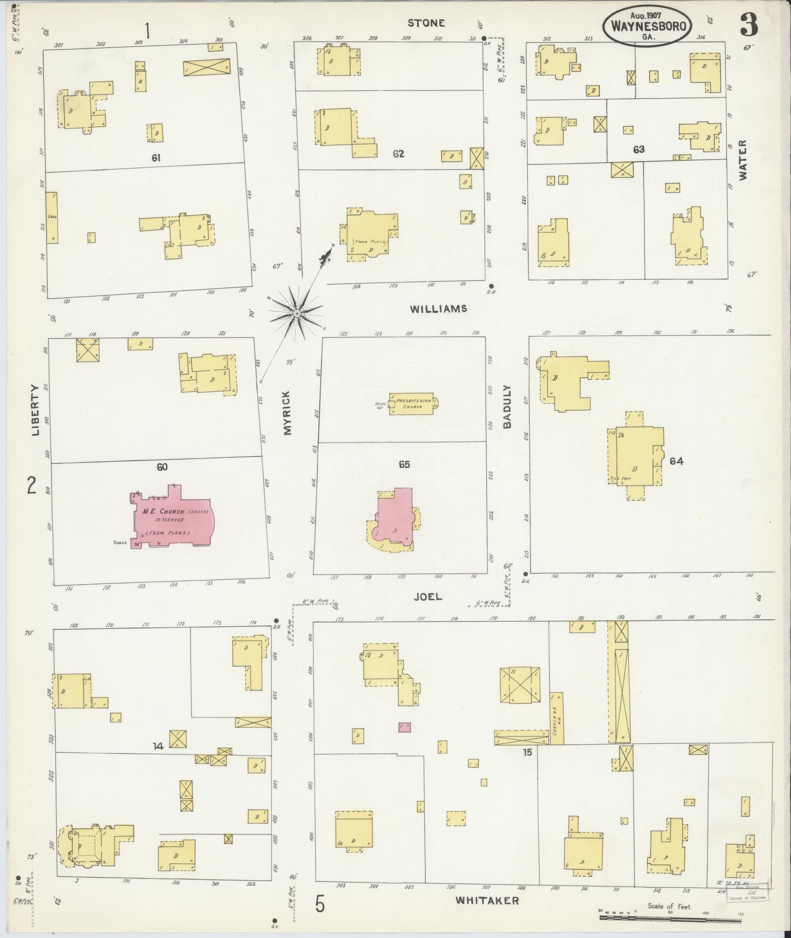 Sanborn Fire Insurance Map from Waynesboro, Burke County, Georgia (1907), Sheet #0003 - Complete Map Set gallery image, historic Sanborn map, vintage wall art, Georgia Georgia