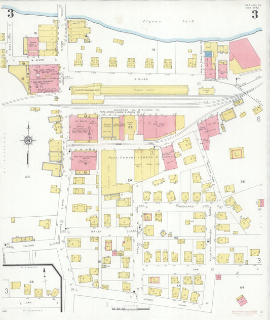 Sanborn Fire Insurance Map from Harlan, Harlan County, Kentucky (1932), Sheet #0003 - Historic Sanborn Fire Insurance Map Print, vintage old map wall art, antique decor, genealogy gift, Kentucky Kentucky map