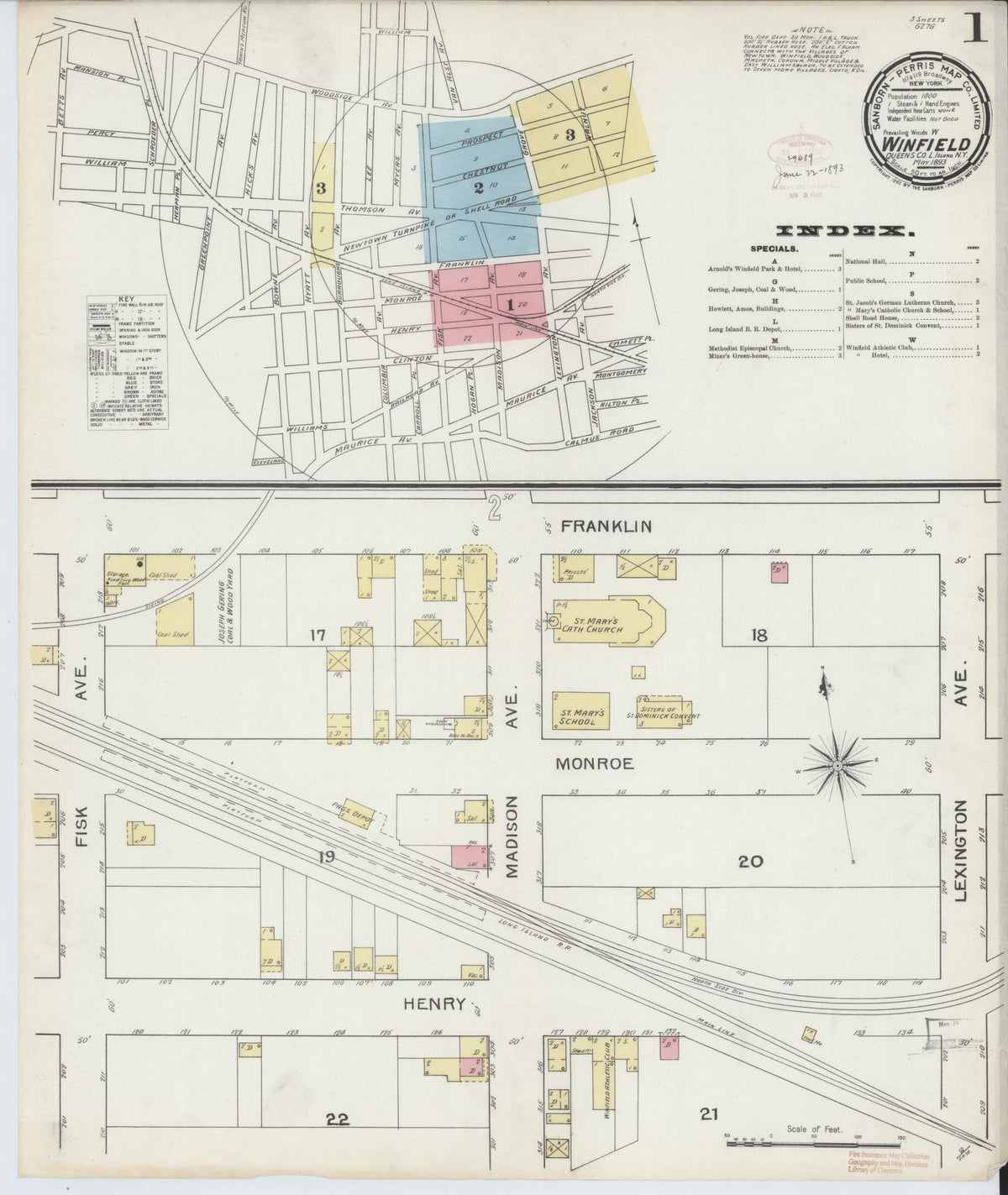Sanborn Fire Insurance Map from Winfield, Queens County, New York (1893), Sheet #0001 - Historic Sanborn Fire Insurance Map Print, vintage old map wall art, antique decor, genealogy gift, New York New York map