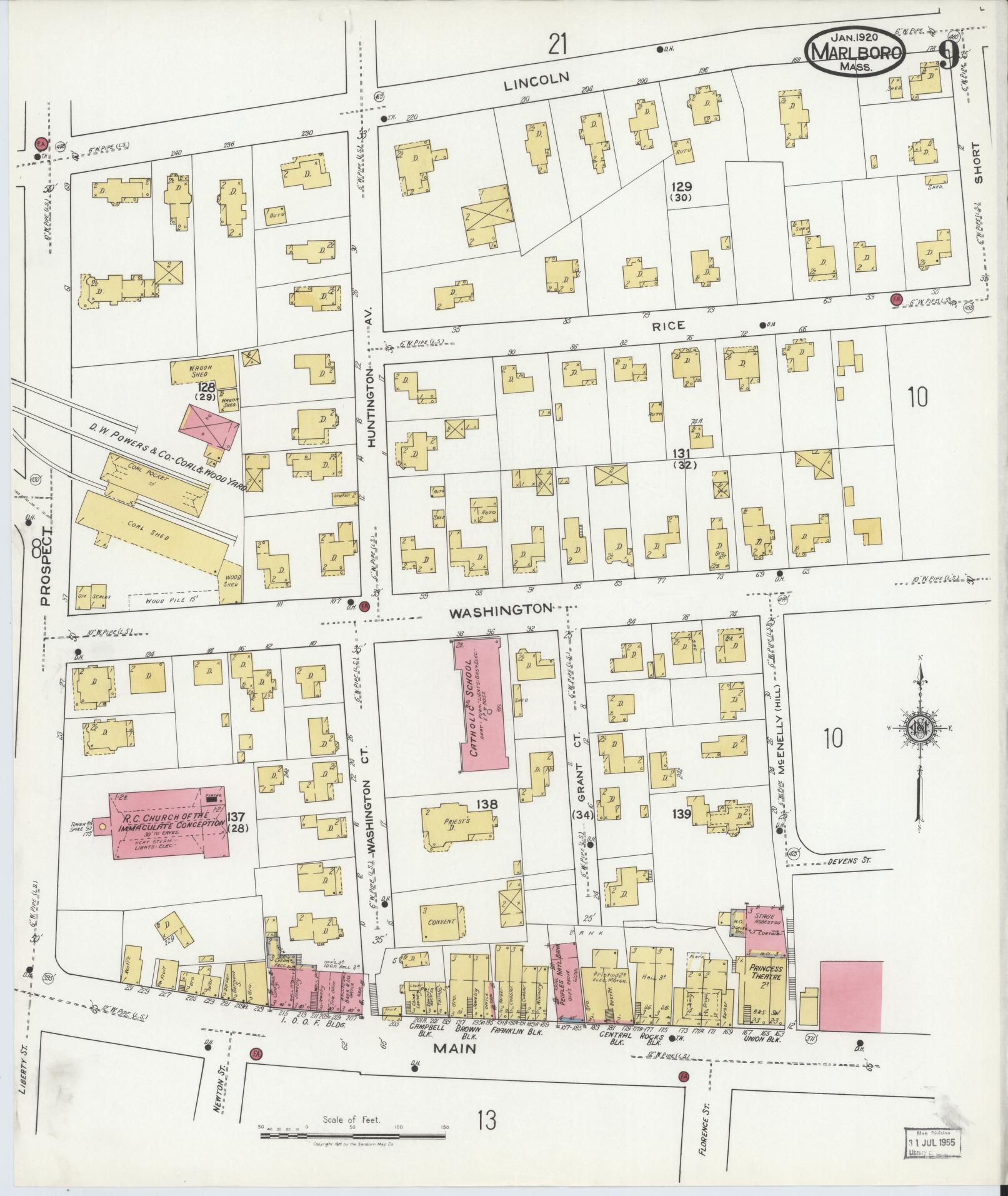 Sanborn Fire Insurance Map from Marlborough, Middlesex County, Massachusetts (1920), Sheet #0009 - Historic Sanborn Fire Insurance Map Print, vintage old map wall art, antique decor, genealogy gift, Massachusetts Massachusetts map