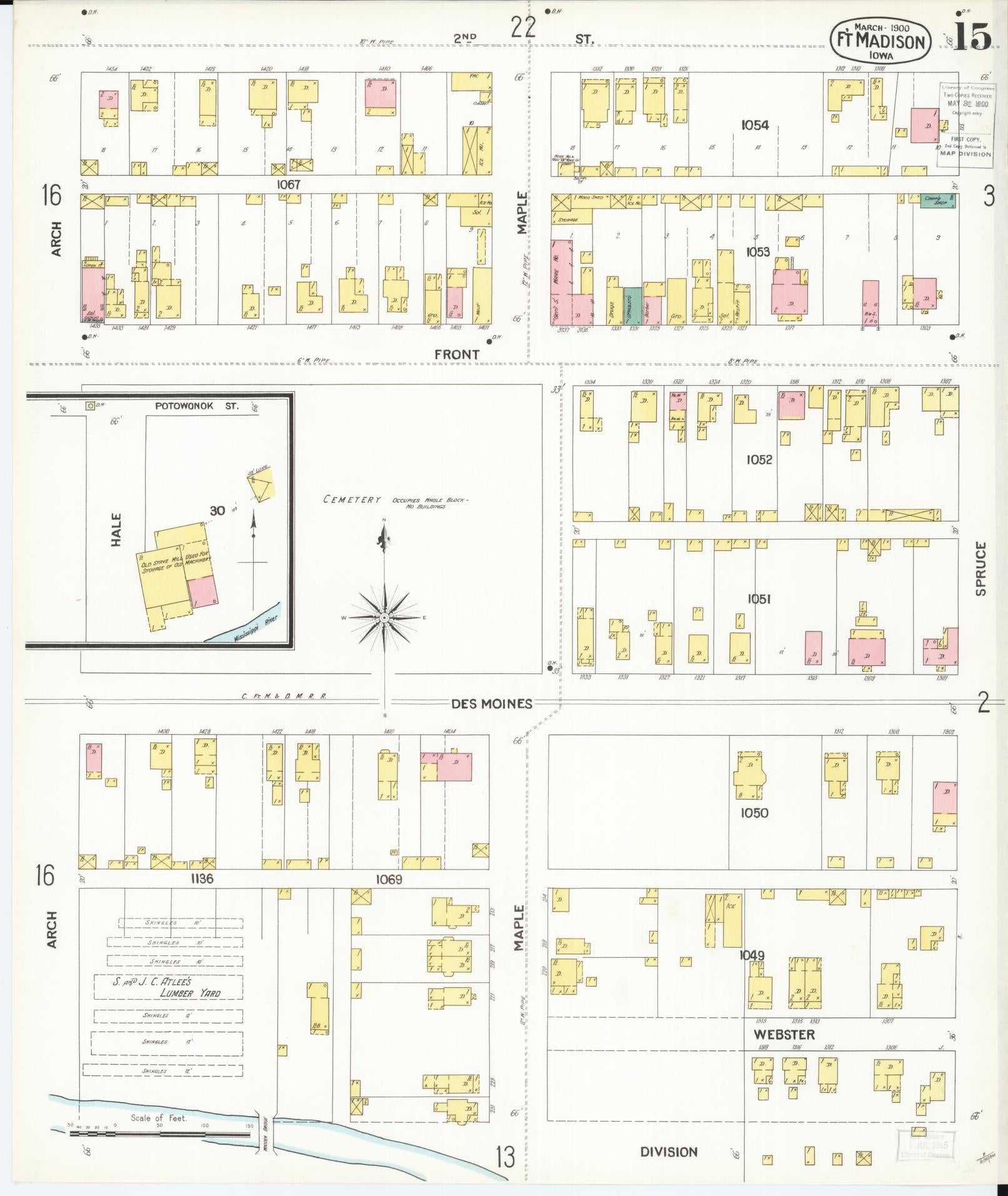Sanborn Fire Insurance Map from Fort Madison, Lee County, Iowa (1900), Sheet #0015 - Historic Sanborn Fire Insurance Map Print, vintage old map wall art