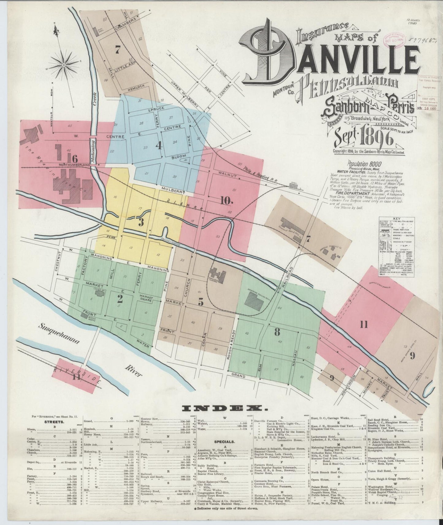 Sanborn Fire Insurance Map from Danville, Montour County, Pennsylvania (1896), Sheet #0001 - Historic Sanborn Fire Insurance Map Print, vintage old map wall art, antique decor, genealogy gift, Pennsylvania Pennsylvania map