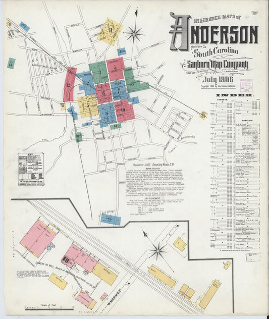 Sanborn Fire Insurance Map from Anderson, Anderson County, South Carolina (1906), Sheet #0001 - Historic Sanborn Fire Insurance Map Print, vintage old map wall art, antique decor, genealogy gift, South Carolina South Carolina map