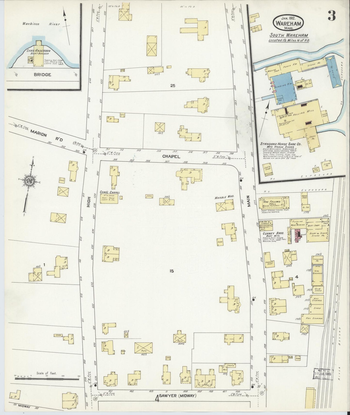 Sanborn Fire Insurance Map from Wareham, Plymouth County, Massachusetts (1912), Sheet #0003 - Complete Map Set gallery image, historic Sanborn map, vintage wall art, Massachusetts Massachusetts