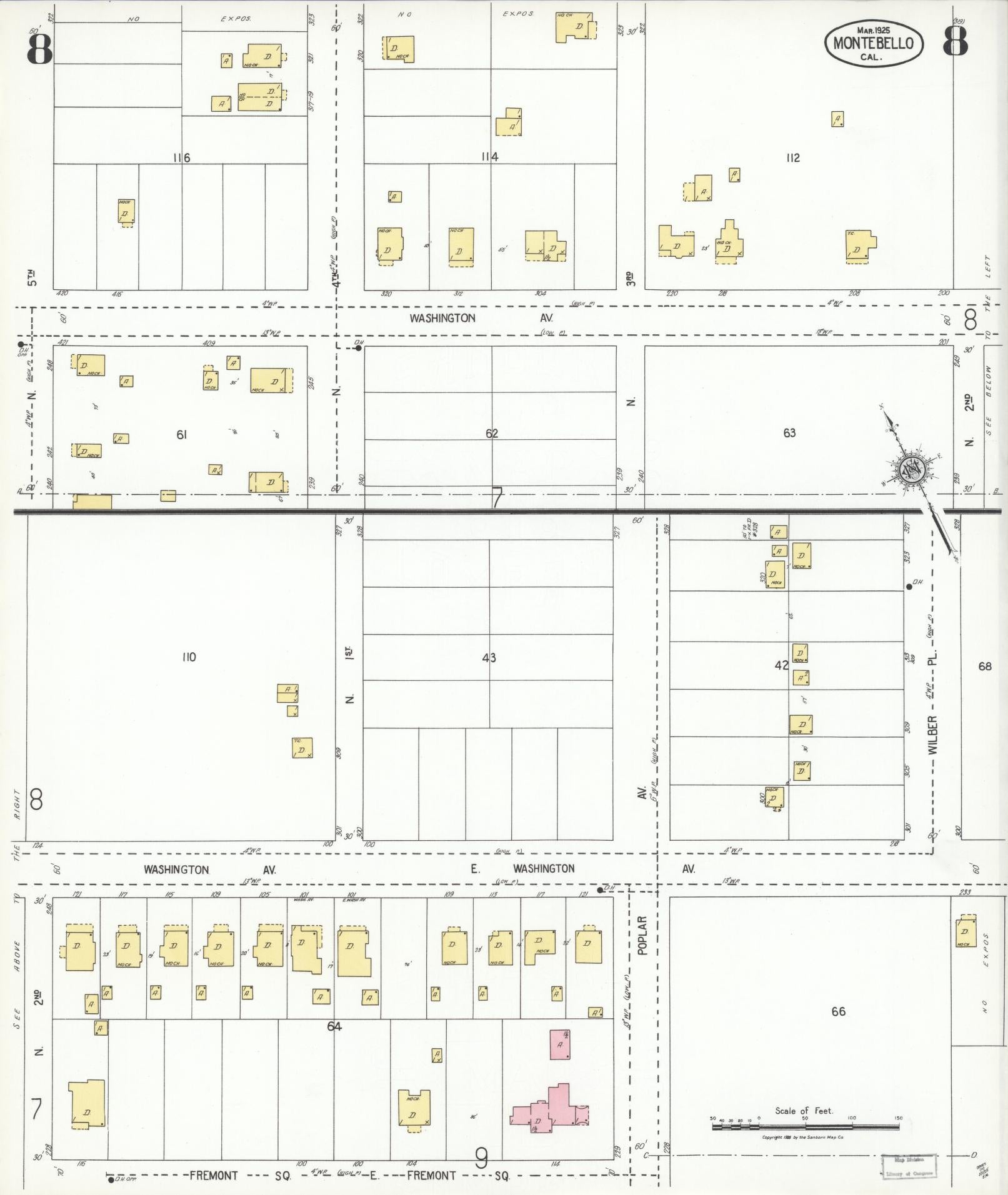 Sanborn Fire Insurance Map from Montebello, Los Angeles County, California (1925), Sheet #0008 - Complete Map Set gallery image, historic Sanborn map, vintage wall art, California California