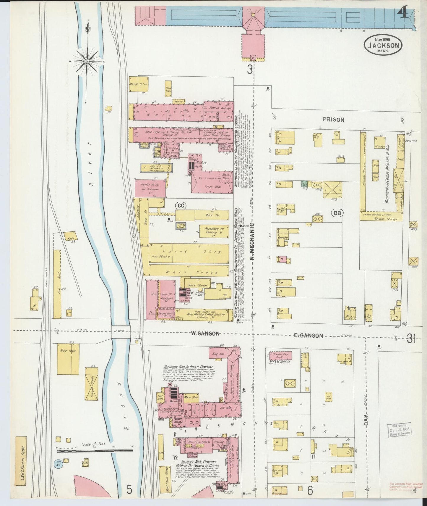 Sanborn Fire Insurance Map from Jackson, Jackson County, Michigan (1899), Sheet #0004 - Complete Map Set gallery image, historic Sanborn map, vintage wall art, Michigan Michigan