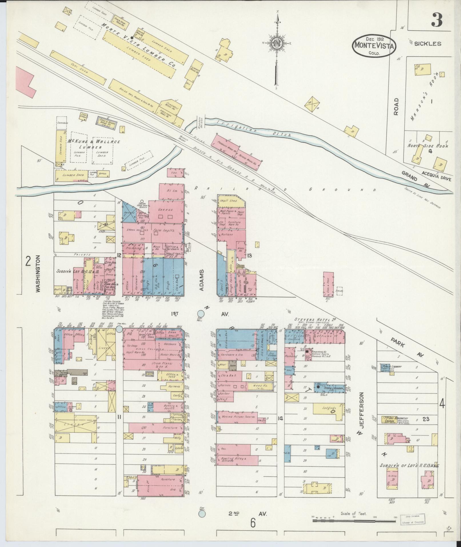Sanborn Fire Insurance Map from Monte Vista, Rio Grande County, Colorado (1912), Sheet #0003 - Historic Sanborn Fire Insurance Map Print, vintage old map wall art, antique decor, genealogy gift, Colorado Colorado map