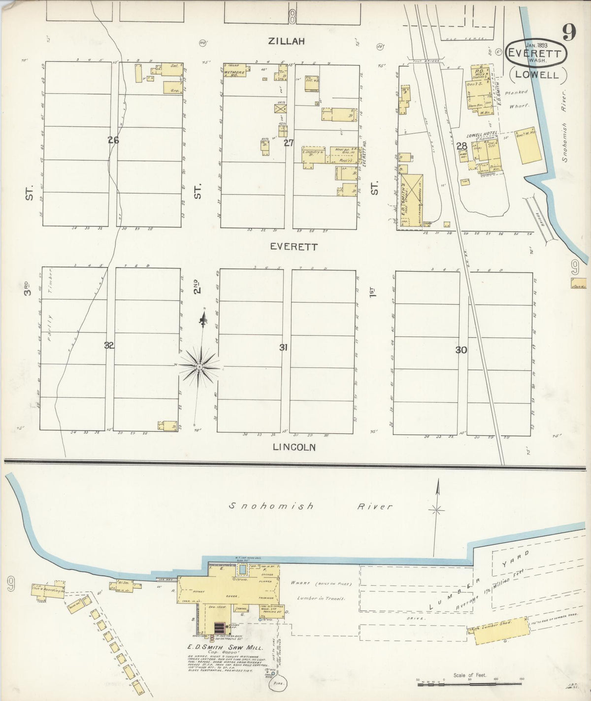Sanborn Fire Insurance Map from Everett, Snohomish County, Washington (1893), Sheet #0008 - Historic Sanborn Fire Insurance Map Print, vintage old map wall art, antique decor, genealogy gift, Washington Washington map