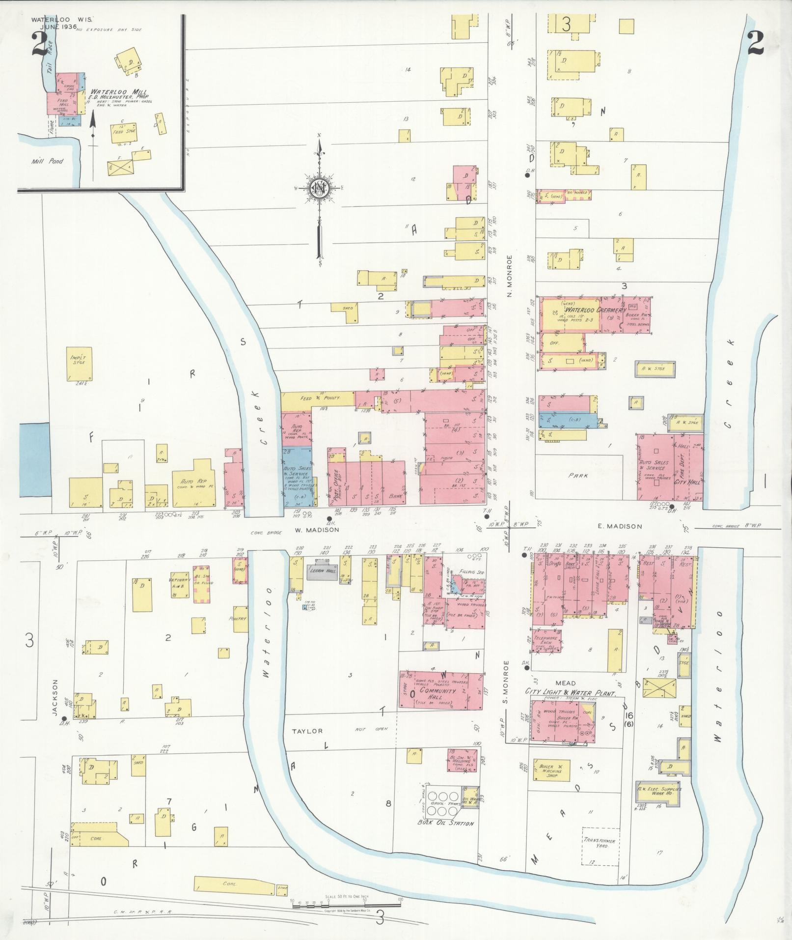 Sanborn Fire Insurance Map from Waterloo, Jefferson County, Wisconsin (1936), Sheet #0002 - Complete Map Set gallery image, historic Sanborn map, vintage wall art, Wisconsin Wisconsin