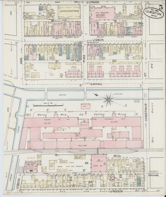 Sanborn Fire Insurance Map from Lewiston, Androscoggin County, Maine (1886), Sheet #0005 - Historic Sanborn Fire Insurance Map Print, vintage old map wall art, antique decor, genealogy gift, Maine Maine map