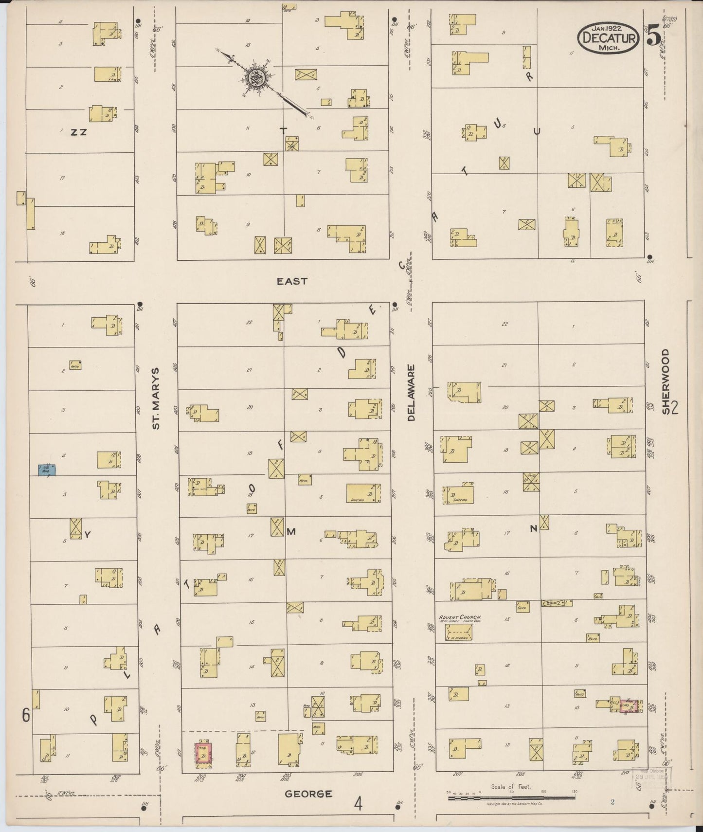 Sanborn Fire Insurance Map from Decatur, Van Buren County, Michigan (1922), Sheet #0005 - Historic Sanborn Fire Insurance Map Print, vintage old map wall art, antique decor, genealogy gift, Michigan Michigan map