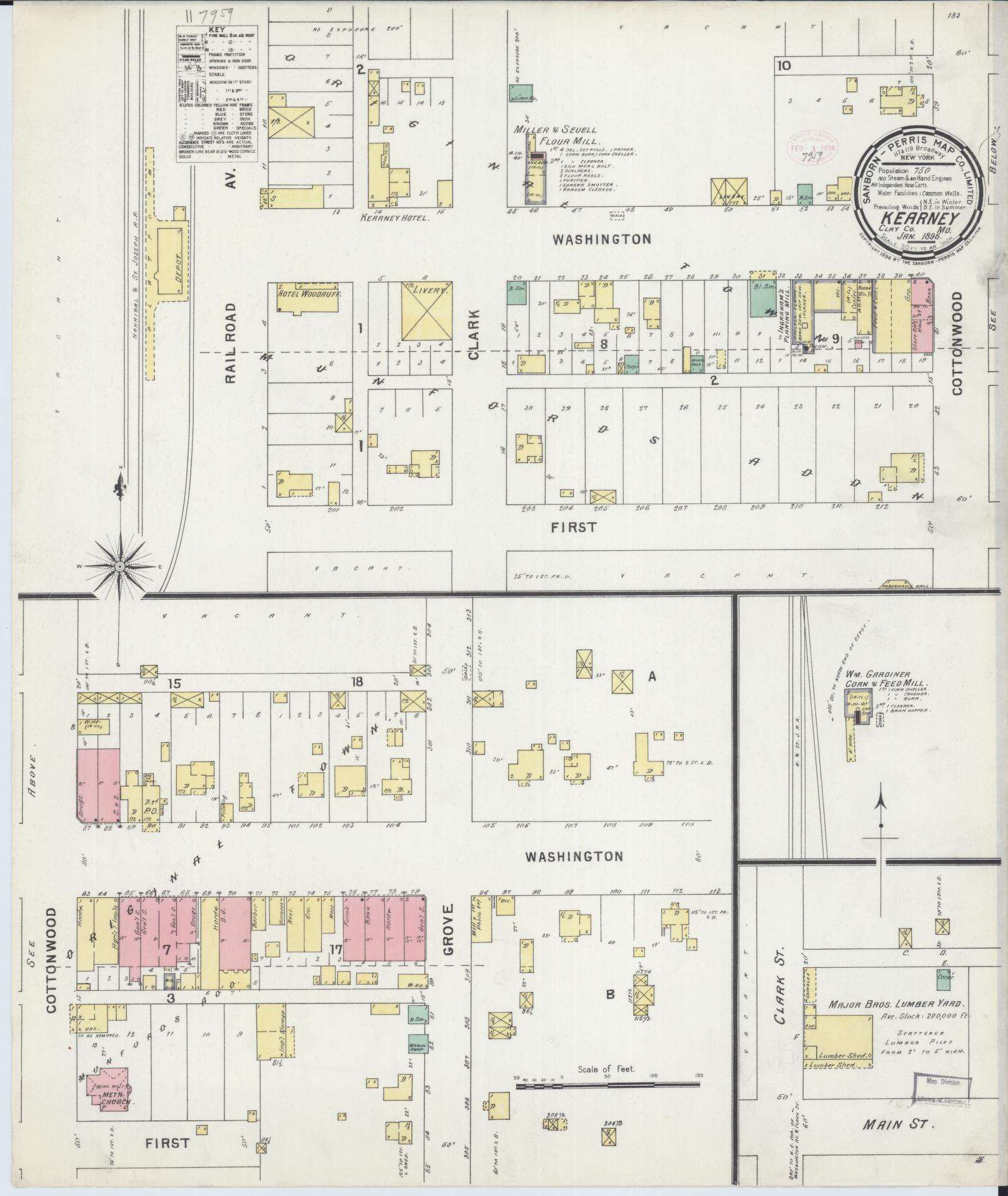 Sanborn Fire Insurance Map from Kearney, Clay County, Missouri (1896), Sheet #0001 - Historic Sanborn Fire Insurance Map Print, vintage old map wall art, antique decor, genealogy gift, Missouri Missouri map