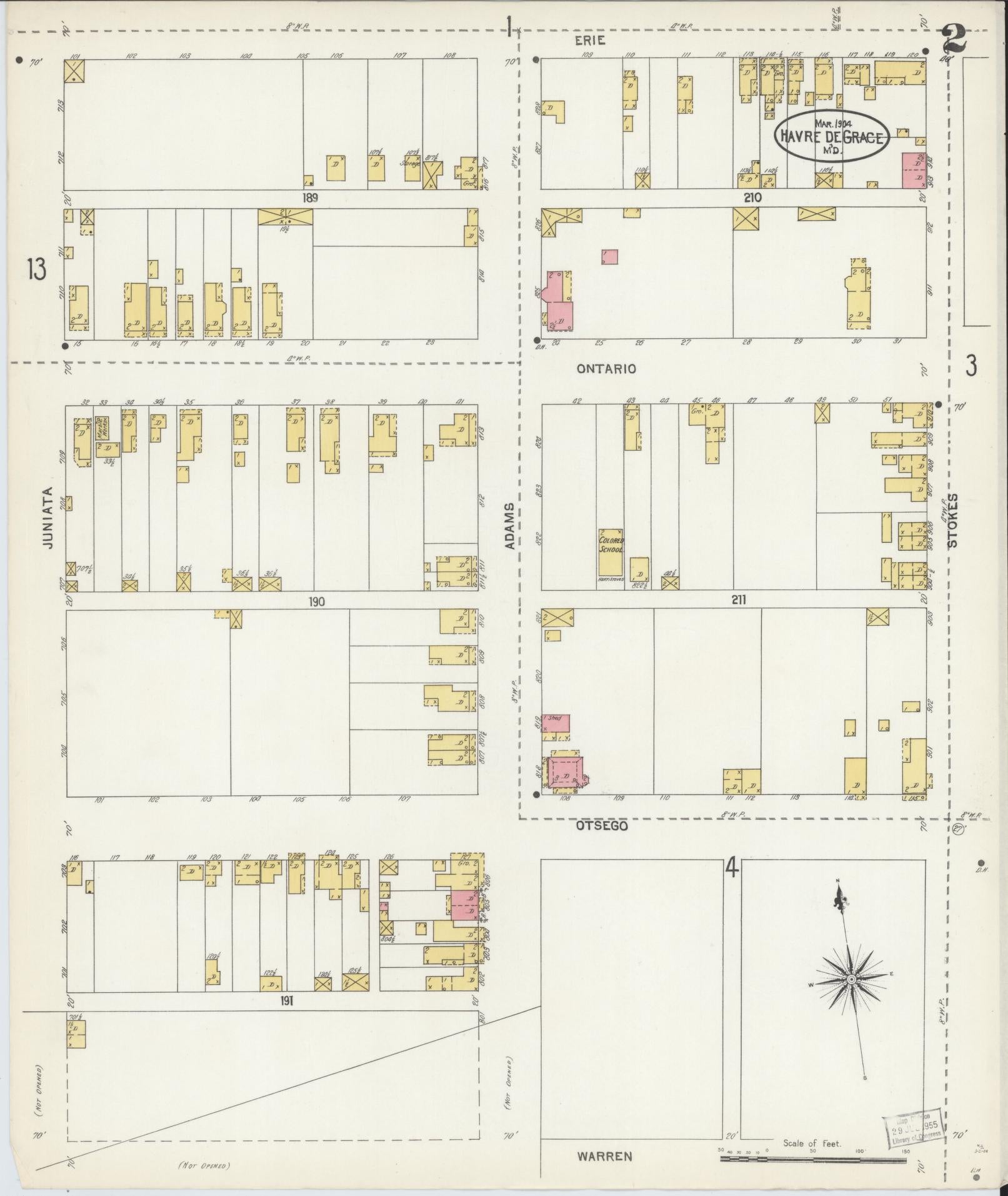 Sanborn Fire Insurance Map from Havre De Grace, Harford County, Maryland (1904), Sheet #0002 - Historic Sanborn Fire Insurance Map Print, vintage old map wall art