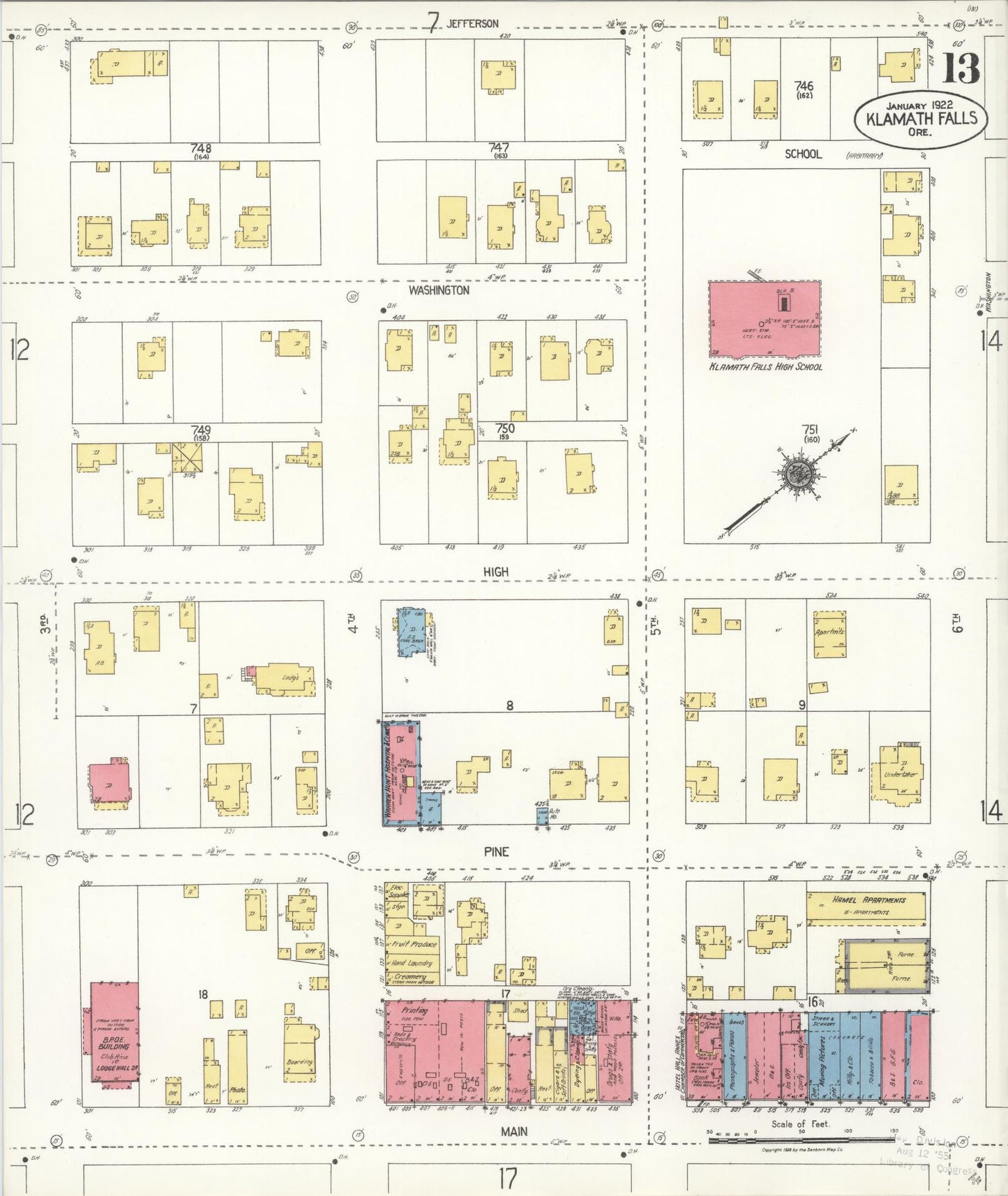 Sanborn Fire Insurance Map from Klamath Falls, Klamath County, Oregon (1921), Sheet #0013 - Historic Sanborn Fire Insurance Map Print, vintage old map wall art, antique decor, genealogy gift, Oregon Oregon map