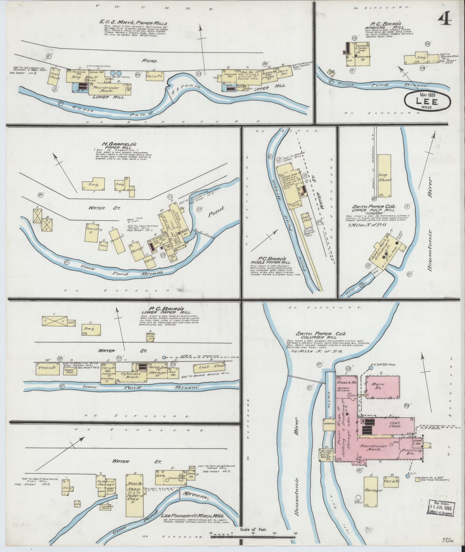 Sanborn Fire Insurance Map from Lee, Berkshire County, Massachusetts (1889), Sheet #0004 - Historic Sanborn Fire Insurance Map Print, vintage old map wall art, antique decor, genealogy gift, Massachusetts Massachusetts map