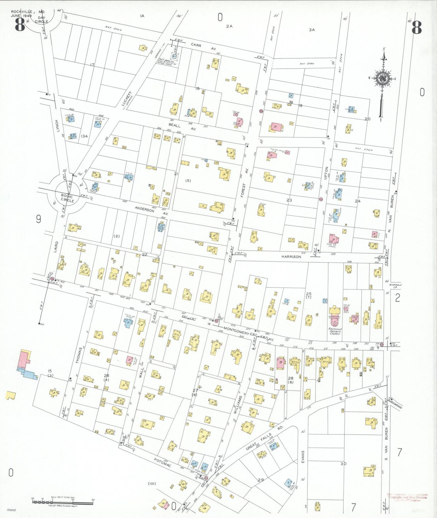 Sanborn Fire Insurance Map from Rockville, Montgomery County, Maryland (1949), Sheet #0008 - Historic Sanborn Fire Insurance Map Print, vintage old map wall art