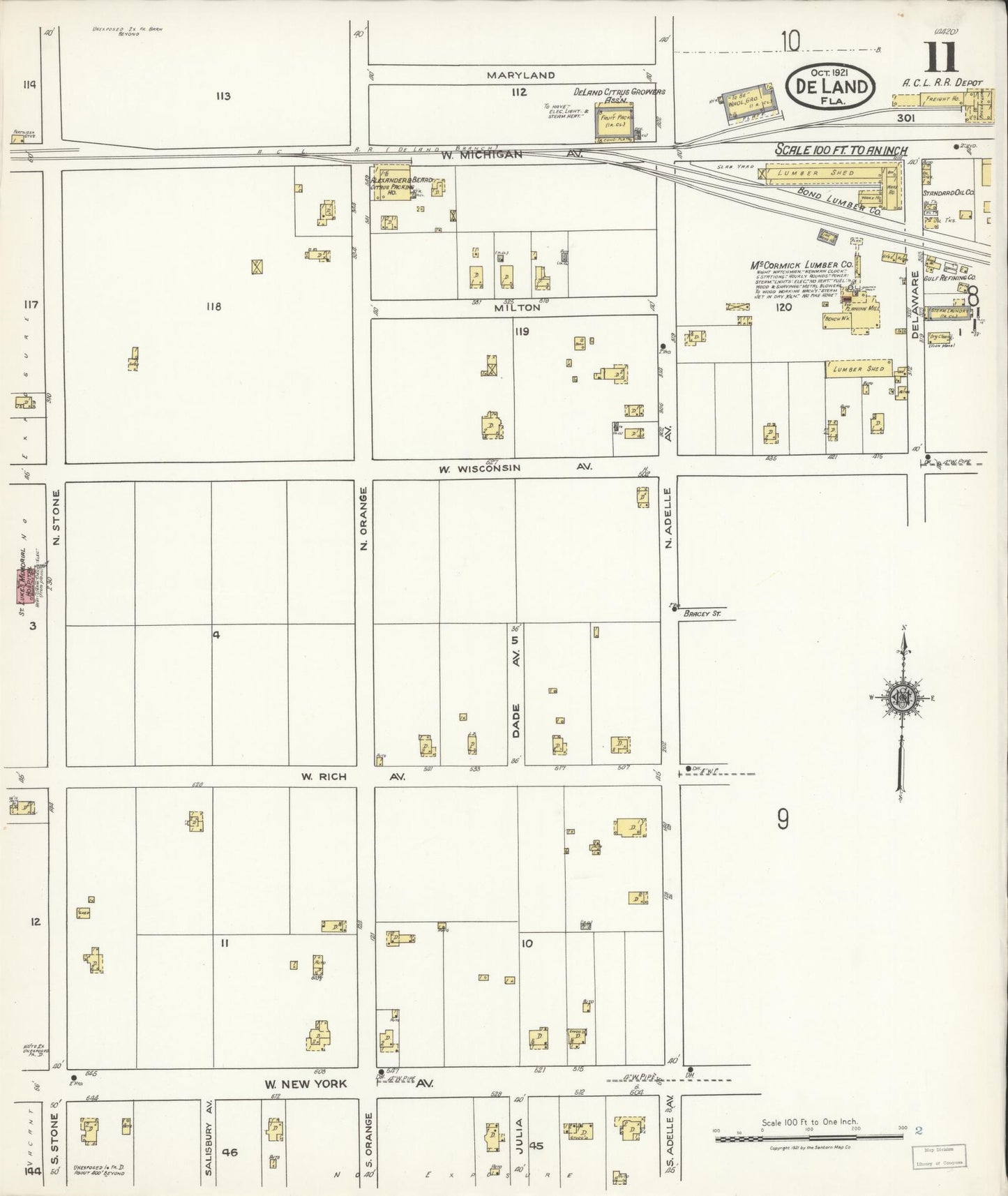 Sanborn Fire Insurance Map from De Land, Volusia County, Florida (1921), Sheet #0011 - Complete Map Set gallery image, historic Sanborn map, vintage wall art, Florida Florida