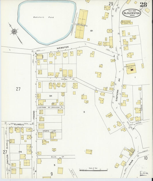 Sanborn Fire Insurance Map from Gloucester, Essex County, Massachusetts (1909), Sheet #0028 - Historic Sanborn Fire Insurance Map Print, vintage old map wall art, antique decor, genealogy gift, Massachusetts Massachusetts map
