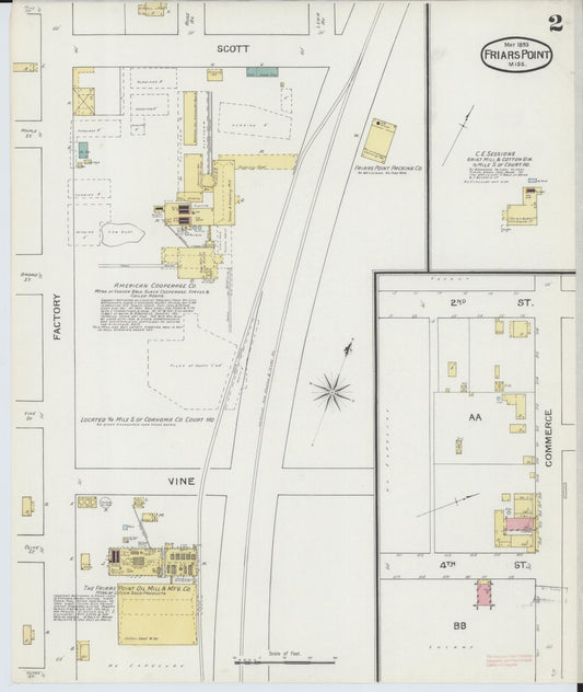 Sanborn Fire Insurance Map from Friars Point, Coahoma County, Mississippi (1893), Sheet #0002 - Historic Sanborn Fire Insurance Map Print, vintage old map wall art, antique decor, genealogy gift, Mississippi Mississippi map