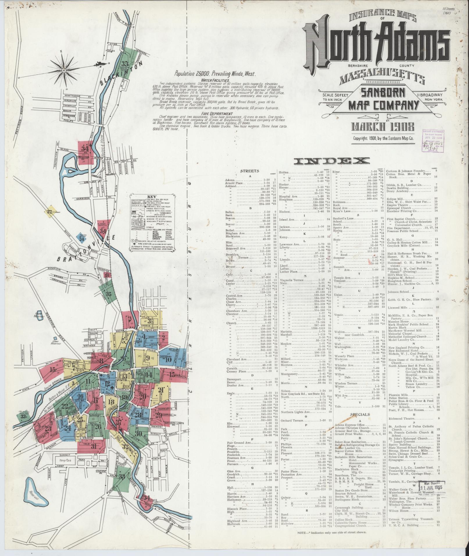Sanborn Fire Insurance Map from North Adams, Berkshire County, Massachusetts (1908), Sheet #0001 - Historic Sanborn Fire Insurance Map Print, vintage old map wall art, antique decor, genealogy gift, Massachusetts Massachusetts map