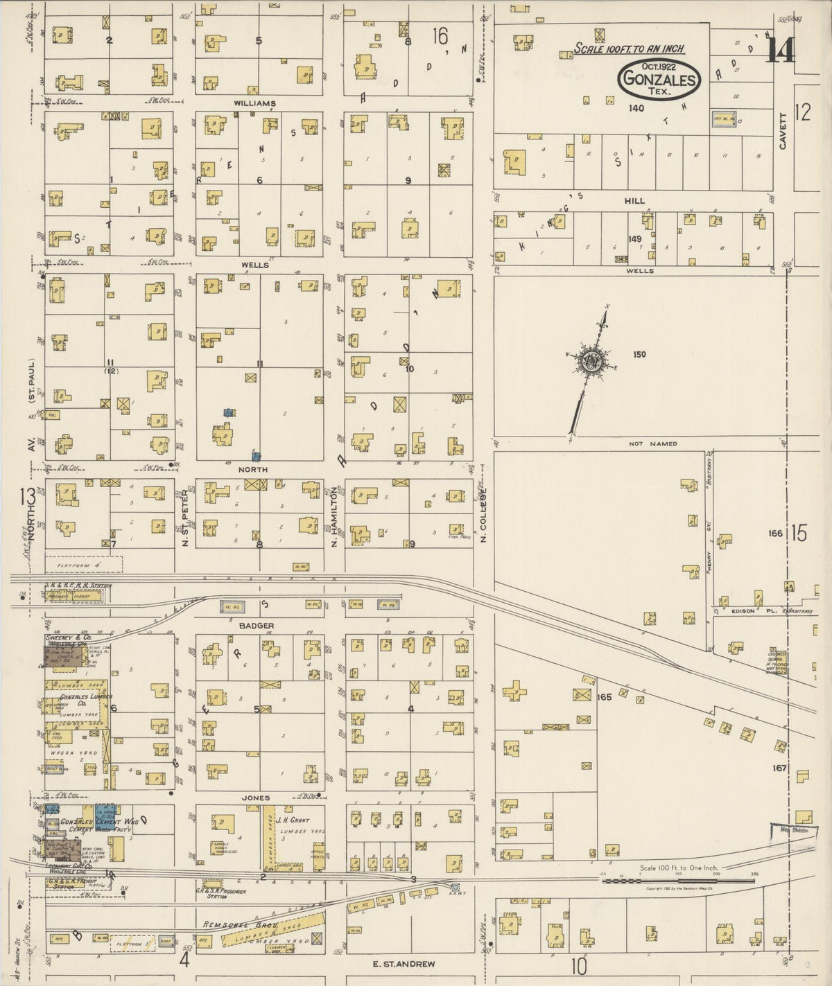 Sanborn Fire Insurance Map from Gonzales, Gonzales County, Texas (1922), Sheet #0014 - Historic Sanborn Fire Insurance Map Print, vintage old map wall art, antique decor, genealogy gift, Texas Texas map