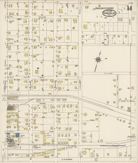 Sanborn Fire Insurance Map from Gonzales, Gonzales County, Texas (1922), Sheet #0014 - Historic Sanborn Fire Insurance Map Print, vintage old map wall art, antique decor, genealogy gift, Texas Texas map